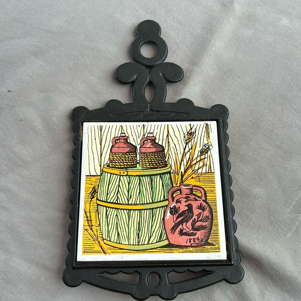 Vintage Seven Star Footed Cast Iron Trivet with Ceramic Tile Kettle Basket Jugs